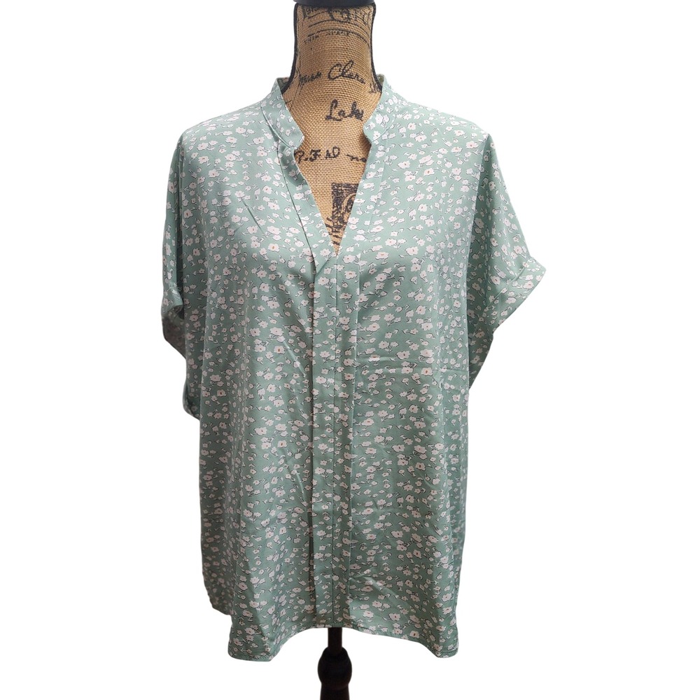 Floral‎ Print Blouse 3XL Green White V-Neck Short Sleeve Oversized Top